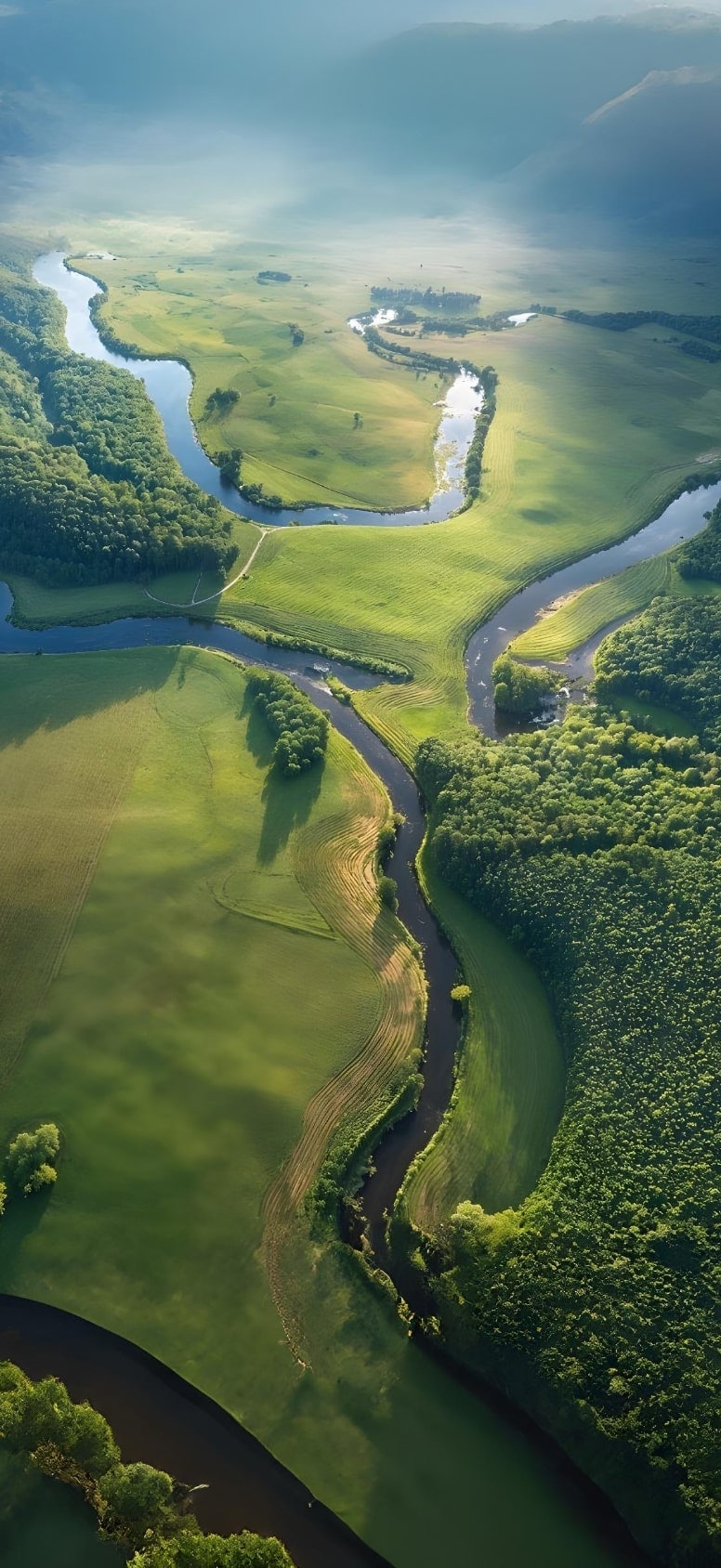 Aerial view of a meandering river flowing through lush green landscapes, surrounded by hills and forests, with soft light creating a serene atmosphere.